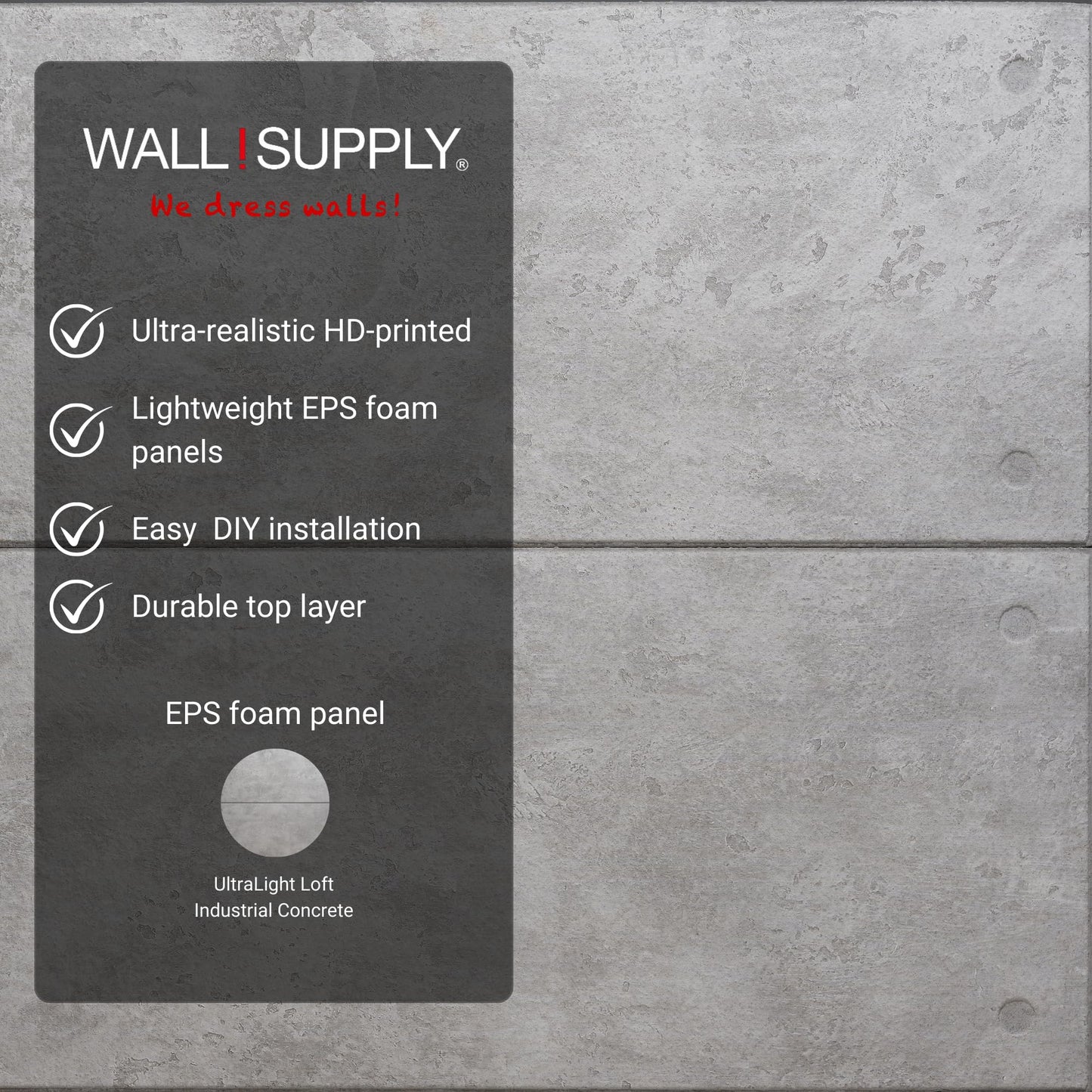 Wall!Supply 3D Wall Panels – Industrial Concrete Loft Style – Lightweight Foam (EPS) – Wallpaper Alternative for Living Room, Bedroom & Office – Easy DIY Installation – 4 Pack, Covers 25.84 Sq Ft