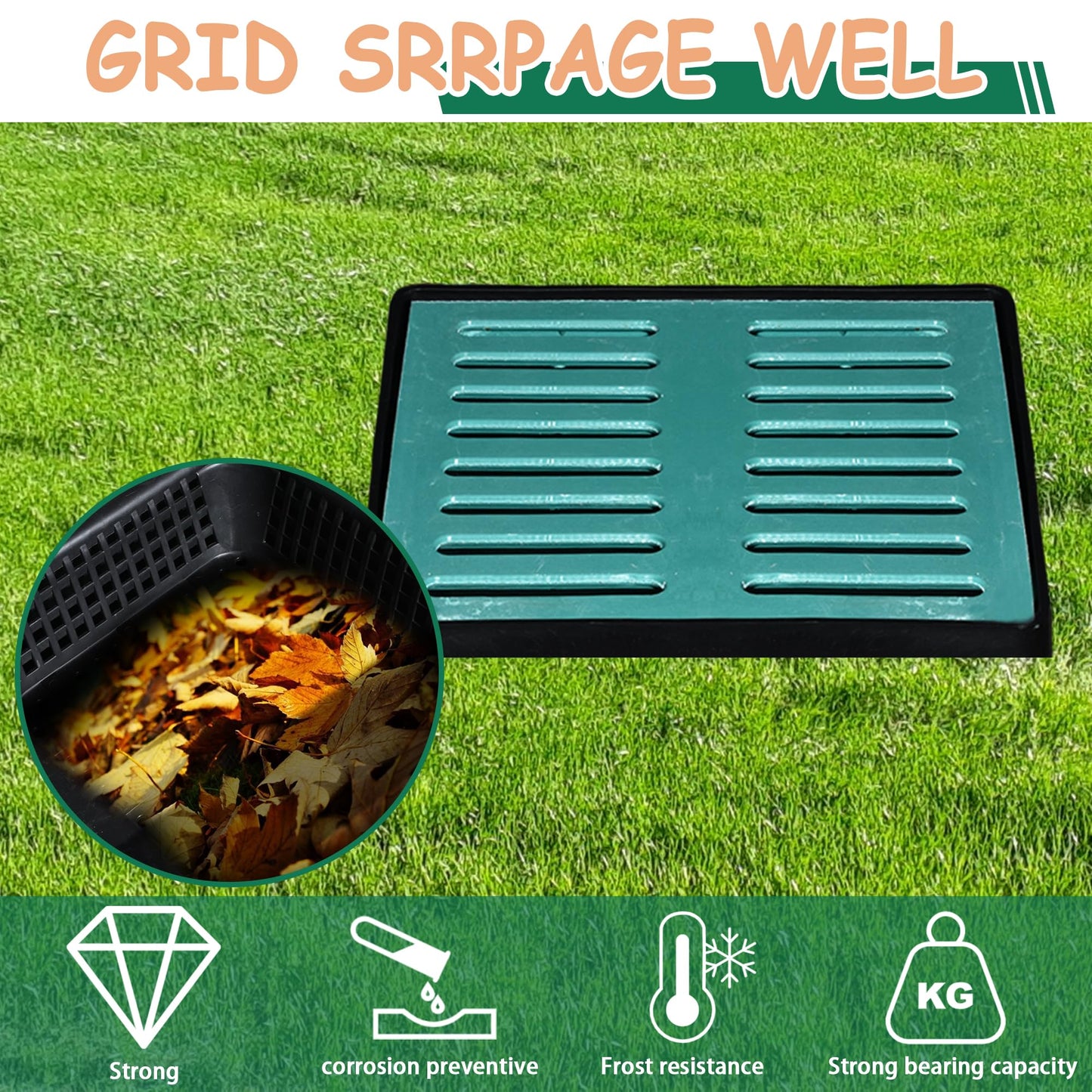 18x18x24 in Large Catch Basin for Drainage with Debris Basket,Catch Basin with Fiber Glass Grate,French Drain Catch Basin Without pre drilled Holes are Suitable for courtyards, downspouts, lawns