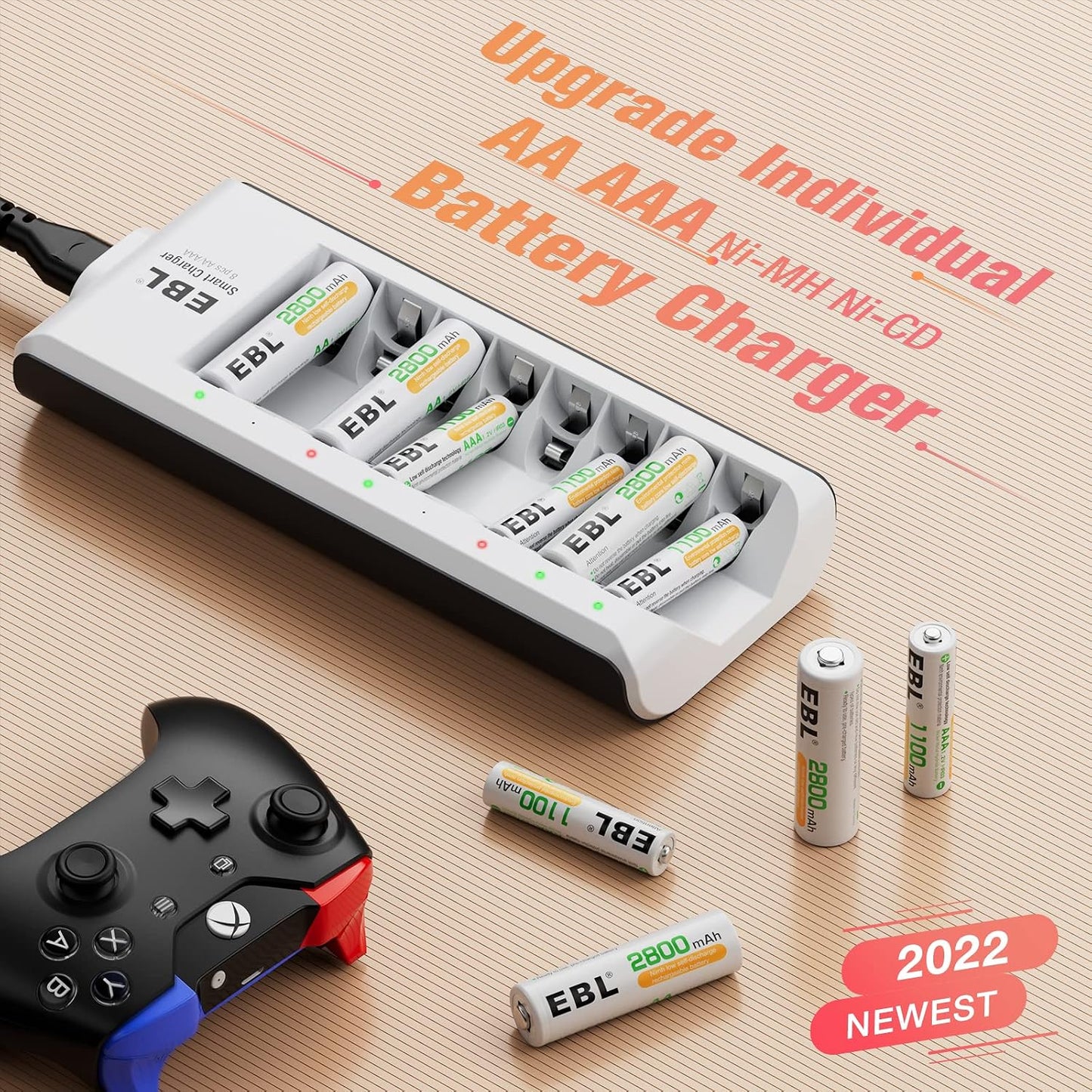EBL 1.2V 2800mAh 4Counts 1100mAh 4Counts 8-Bay Rechargeable Batteries with Charger, NiMH AA Batteries & AAA Batteries