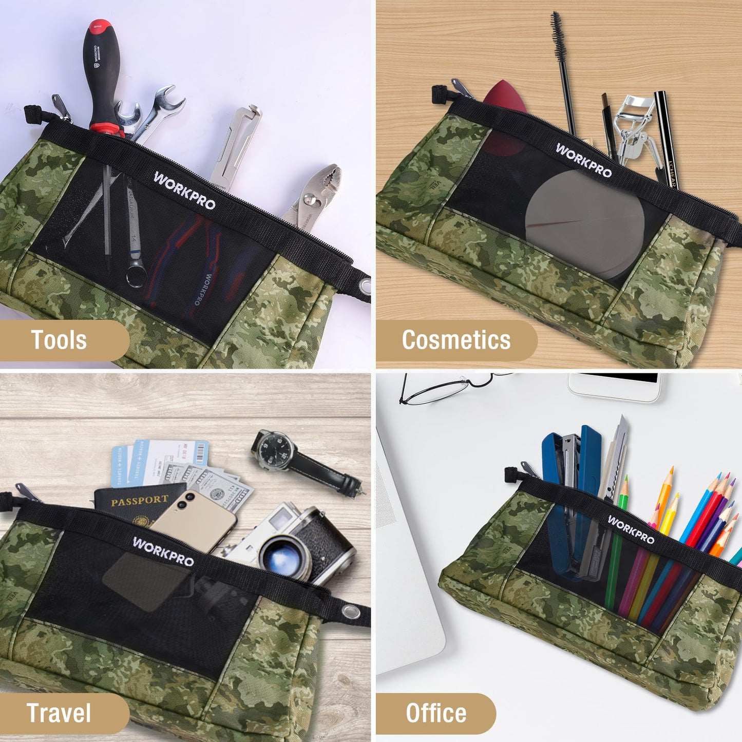 WORKPRO 12" Tool Pouches with Zipper, Heavy-Duty Small Tool Bag, Utility small tool pouch for Tool Organizers and Storage, Mini Tool Bag, 3 Pack, Camo