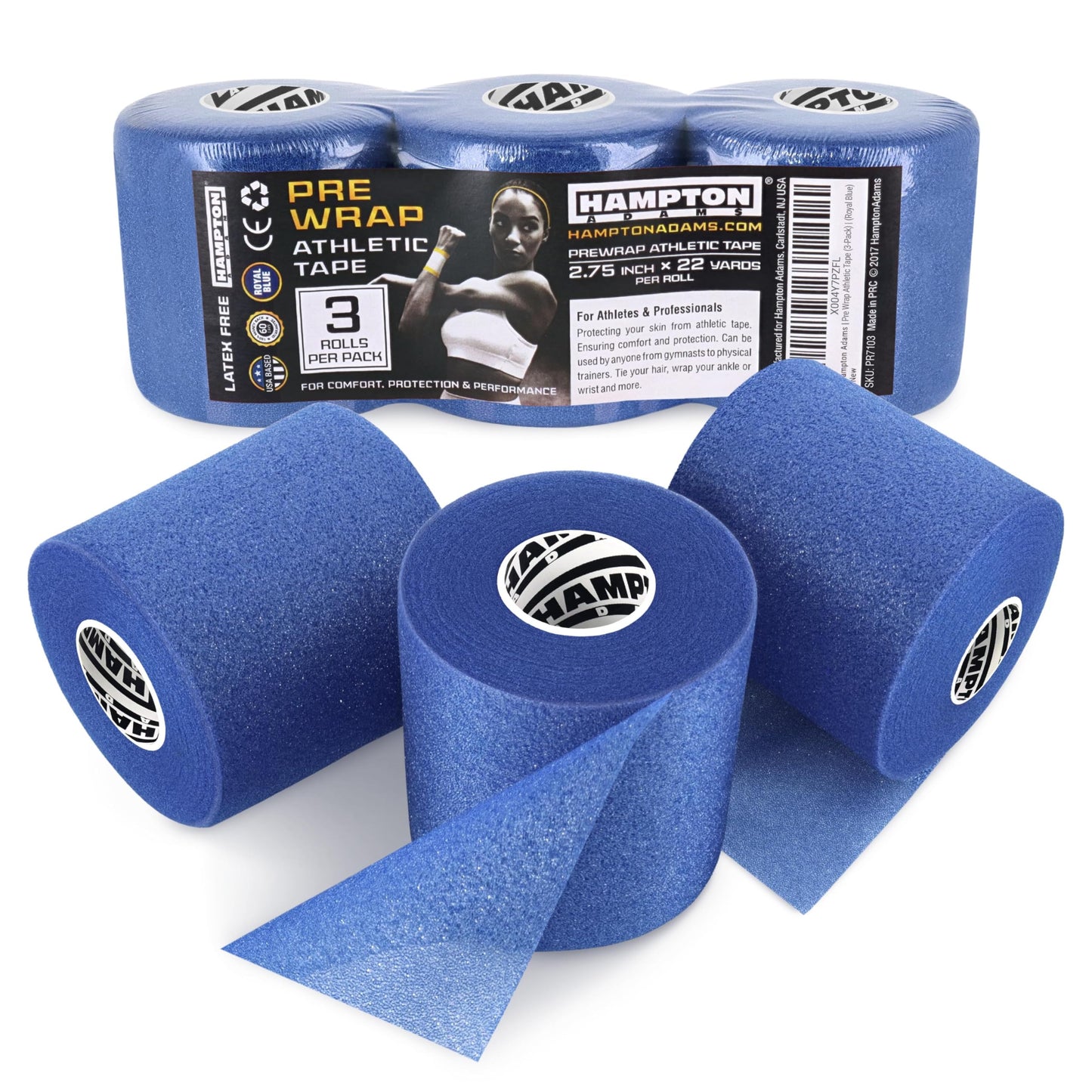 Hampton Adams | As Seen on Shark Tank | Original Pre Wrap (3-Pack) | Athletic Foam Underwrap Latex Free No Glue | Sports Training Wrap for Wrist Ankle Hair Headbands (Royal Blue)