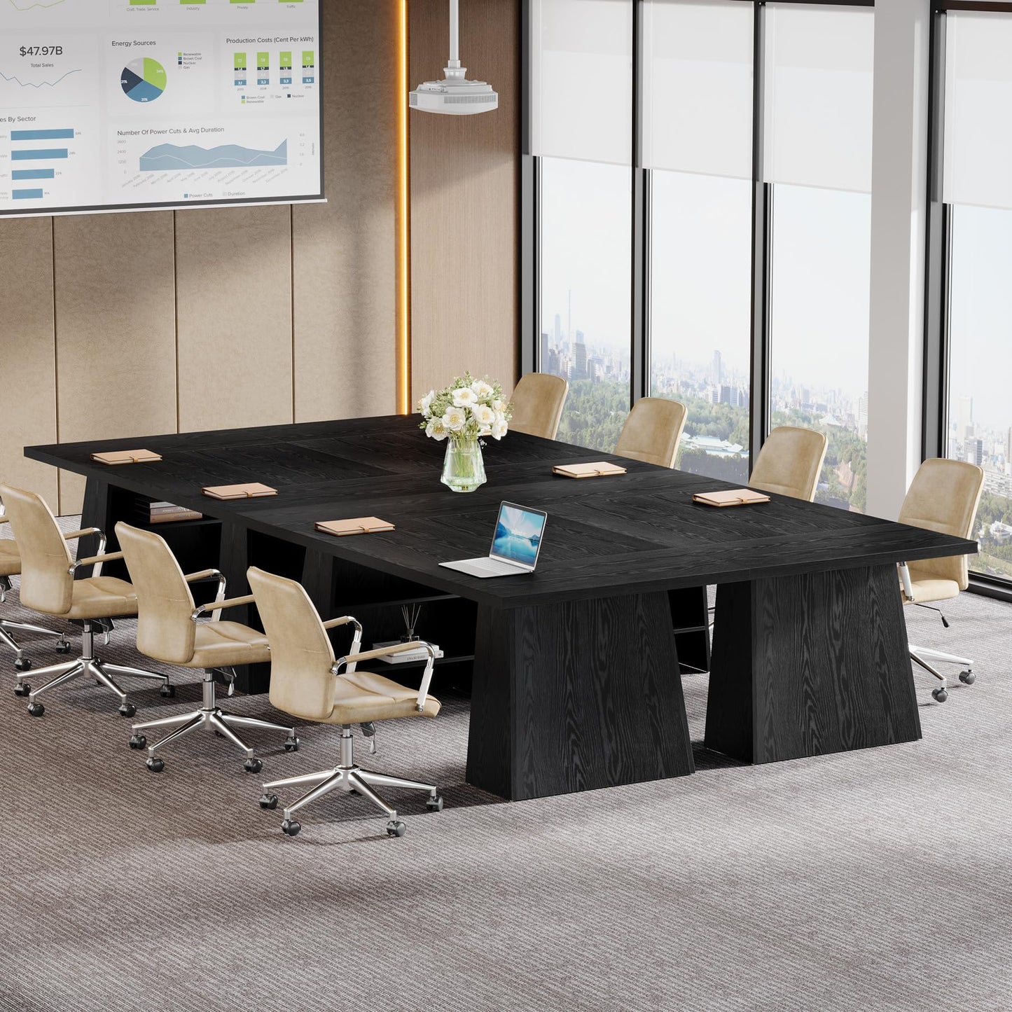 Tribesigns 63-Inch Executive Desk, Modern Black Office Desk with Double Pedestal and Storage Shelves, Simple Large Computer Writing Conference Table Workstations Business Furniture for Home Office