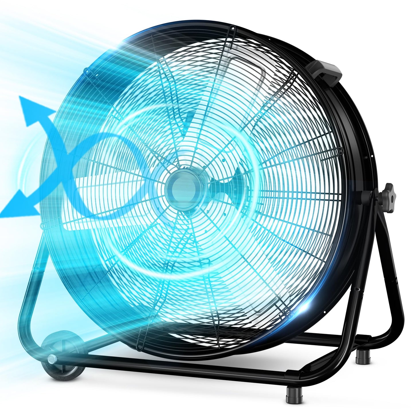 LifePlus 24 Inch Industrial Drum Fan High Velocity Floor Shop Fan 3 Speed, Heavy Duty Metal Air Circulator with Adjustable Tilt & Large Wheel for Warehouse, Garage, Factory, Patio, Barn, Black