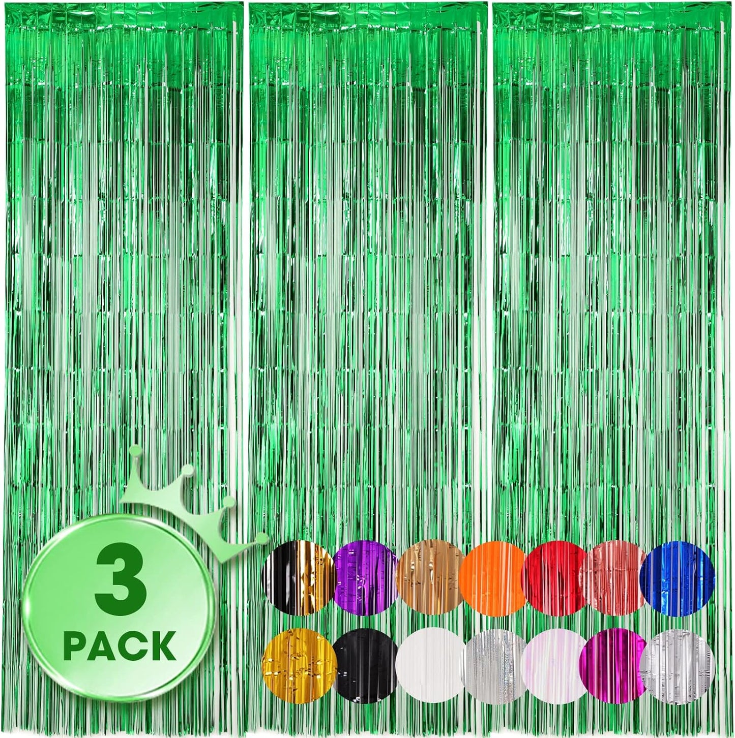 Voircoloria Green Foil Fringe Backdrop Curtains - 3 Pack Tinsel Streamers for Parties | 3.3x8.2 Feet