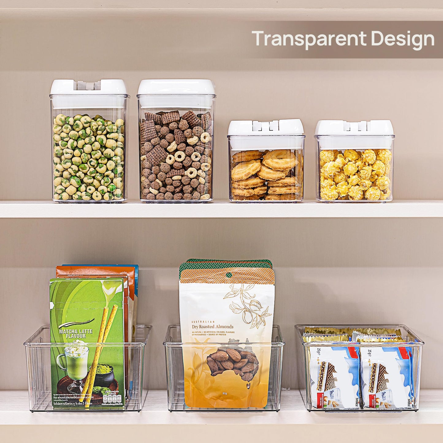 Vtopmart 4 Pack Food Storage Organizer Bins, Clear Plastic Bins for Pantry, Kitchen, Fridge, Cabinet Organization and Storage, 4 Compartment Holder Packets, Snacks, Pouches, Spice Packets