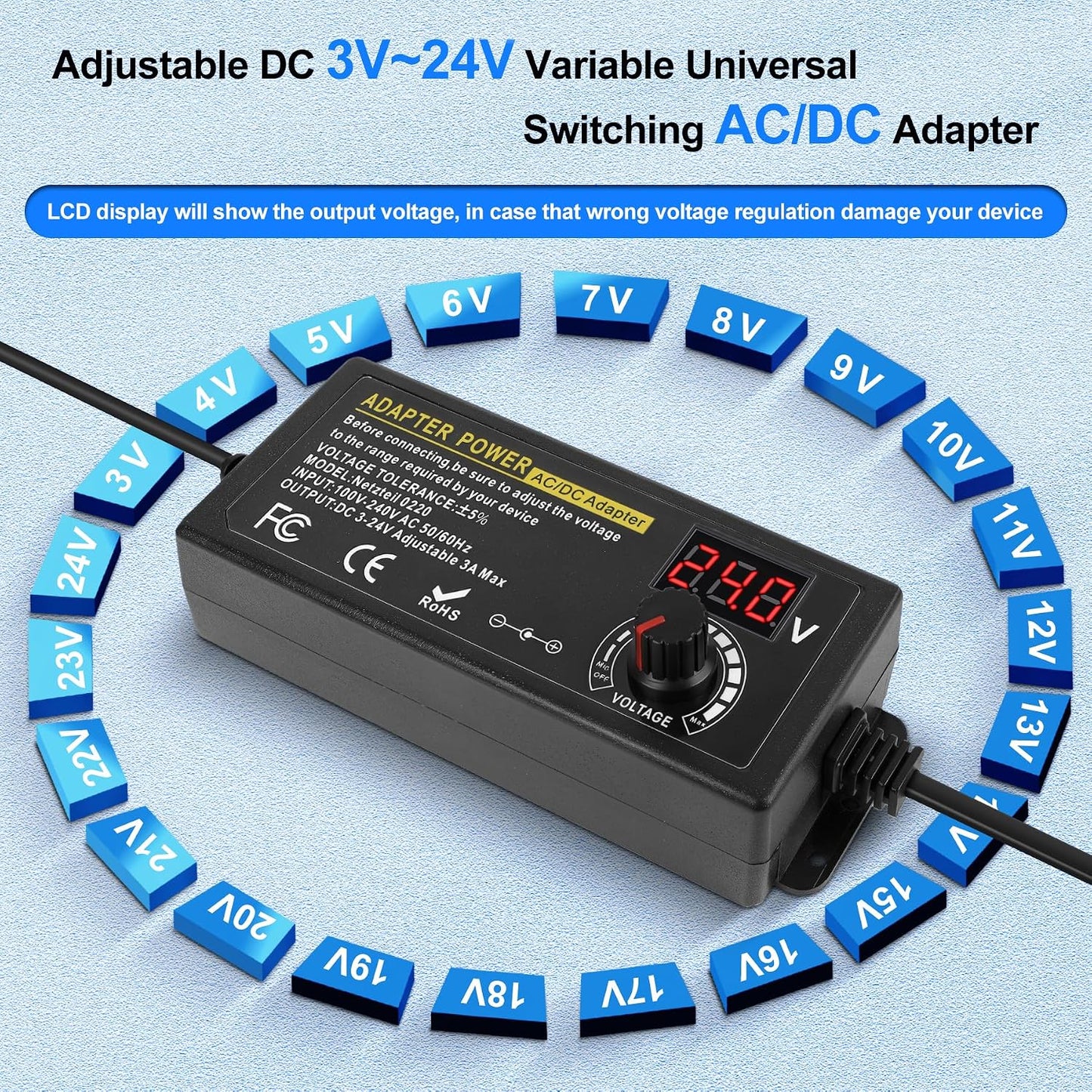 FancyWhoop 3V~24V 3A 72W 100V-240V 14 Universal Power Supply DC Power Supply Variable Universal Switching AC/DC