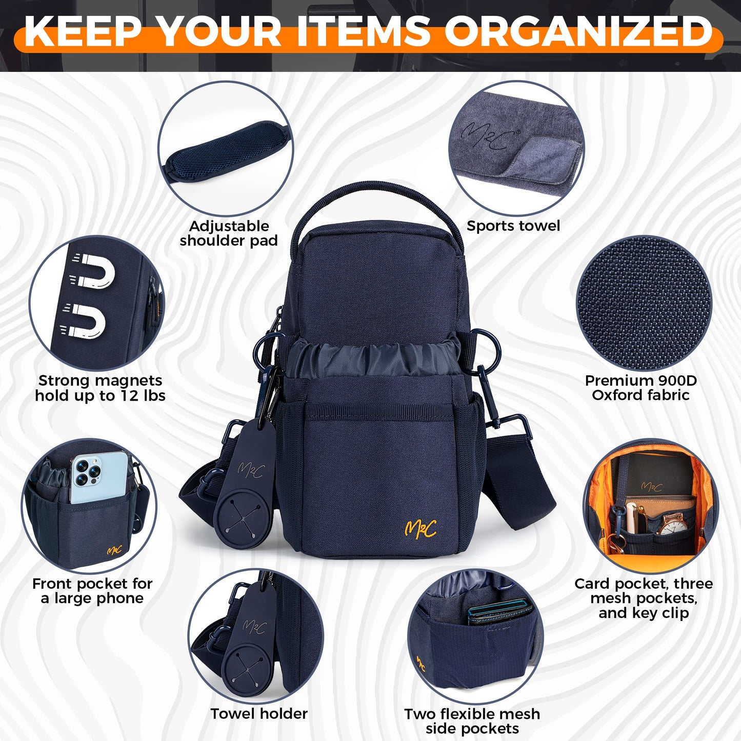 M2C® PREMIUM Magnetic Gym Bag – Holds Up to 12 lbs – Gym Pouch with Water Bottle, Cup & Wallet Pocket, Phone Storage, Key Clip, Adjustable Sling Strap – Ideal for Sports, Work & Travel