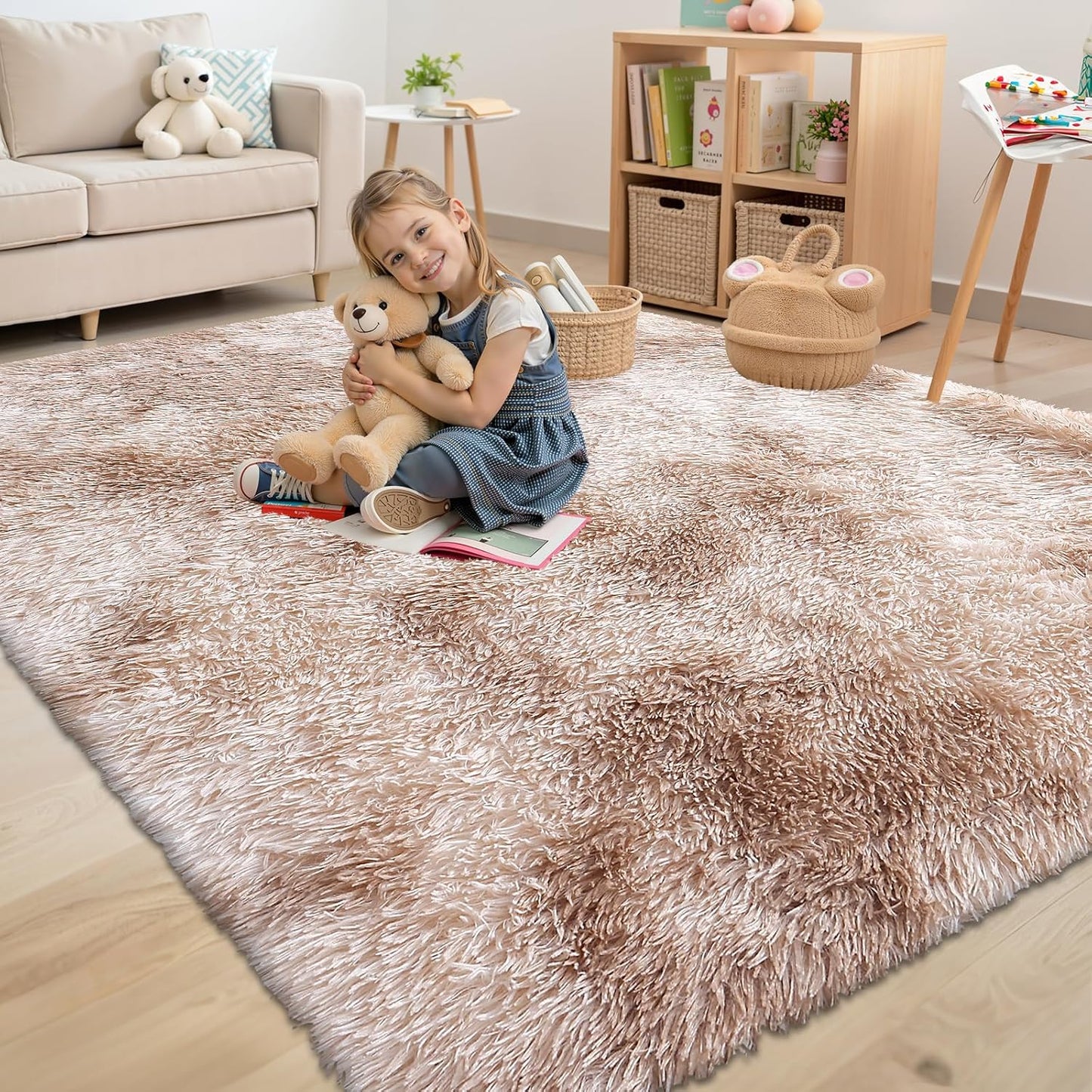 OLANLY Area Rug - Soft Fluffy Shaggy Carpet for Living Room & Bedroom | Machine Washable 4x5.9 Feet - Beige Tie-Dye