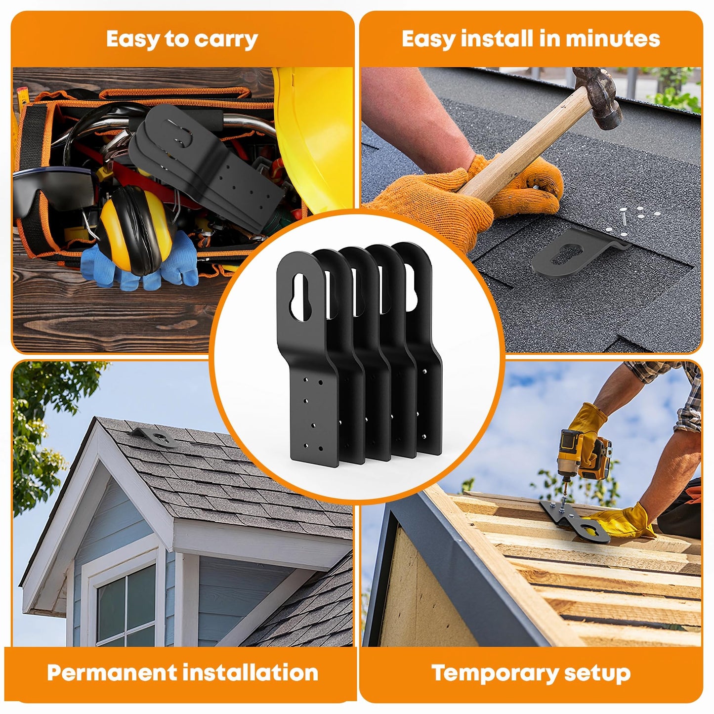 Roof Safety Anchor Hitch Clip,Roof Anchors For Fall Protection Connects To Wood Surfaces,Permanent Roof Anchor Use With Roofing Harness, Safety Ropes And Other Roof Safety Equipment (Black-5 Pcs)