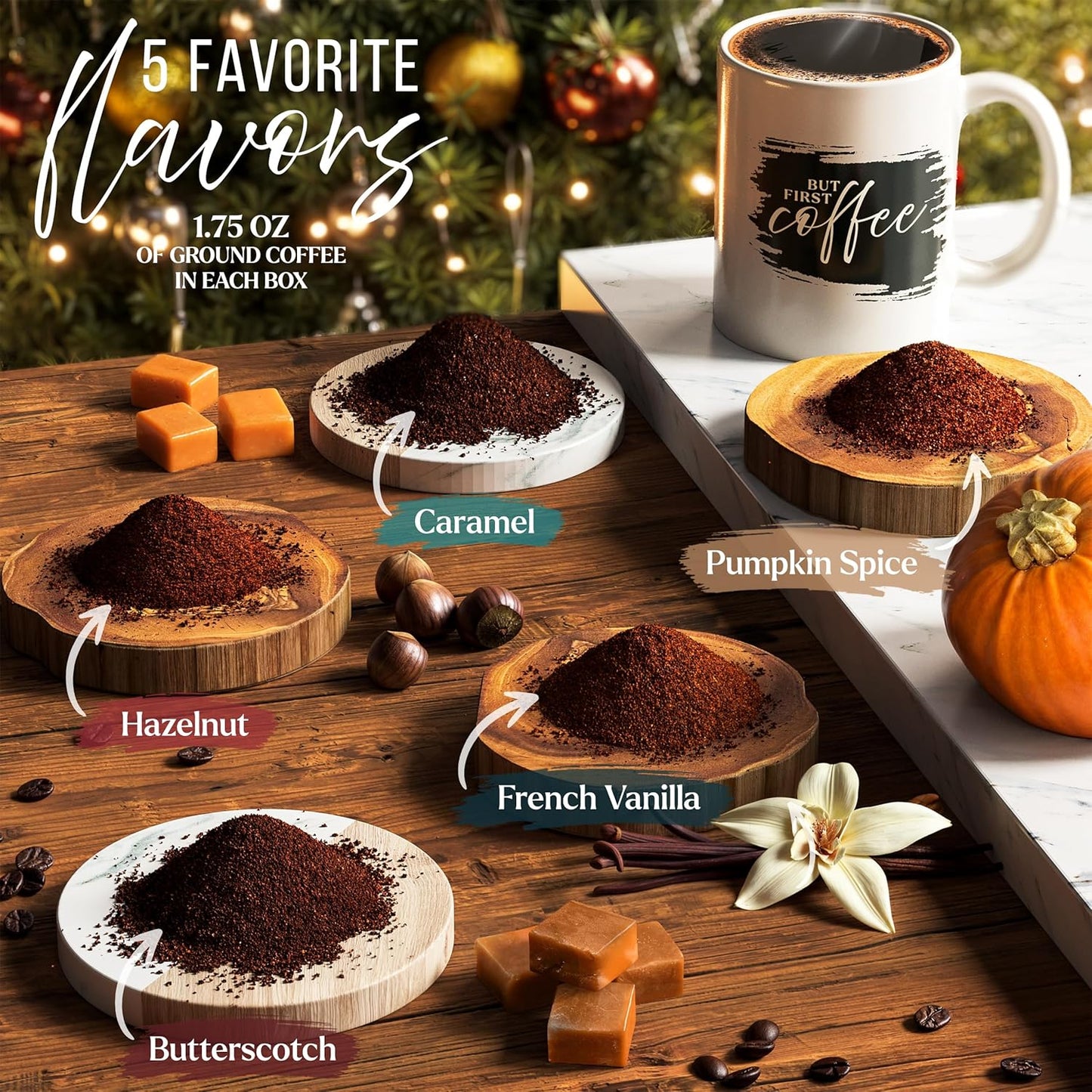 Regine Switzerland Coffee Gift Set - 5 Gourmet Ground Coffee Flavors with Mug - Perfect Unique Christmas Gift