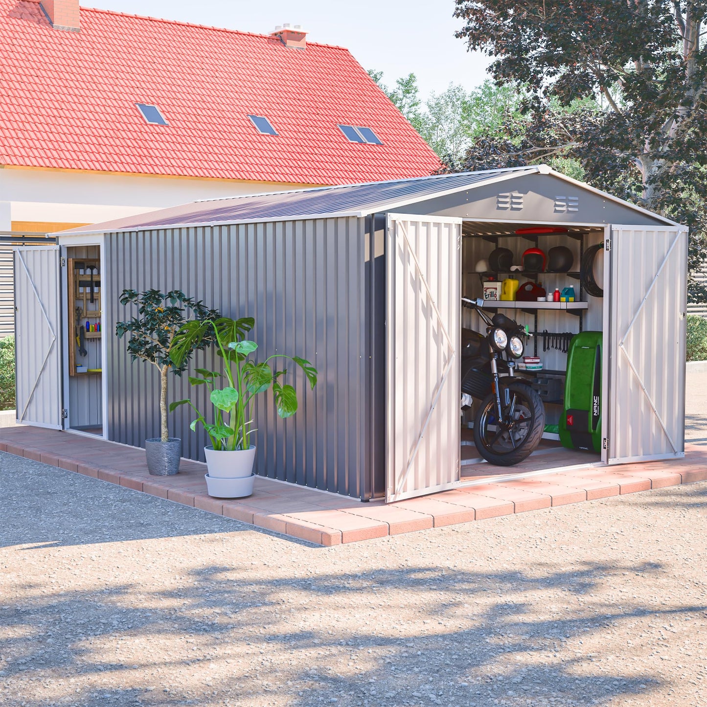 10'x14' Galvanized Steel Outdoor Storage Shed with 3 Lockable Hinged Doors & Side Access Door, 4 Top Air Vents & Built-in Raised Floor Frame, Large Garden Tool Shed, Gray