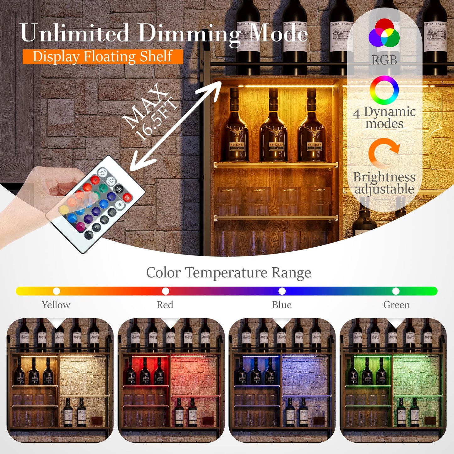 Wall Mounted Rack with LED Lights and Glass Holder, Floating Shelves with 6 S-Hooks,Hanging Wine Glass Rack for Coffee Bar,Home Decor,Gaming Shelf, Hanging Display Rack Bookshelf, Teen Boys Bedroom