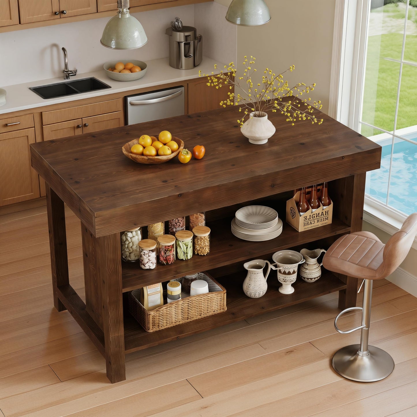 TRIBEWOOD 55" Solid Wood Kitchen Island with Storage, Farmhouse Kitchen Island Table with 3-Tier Open Shelves and Large Countertop for Kitchen, Dining & Living Room, Walnut
