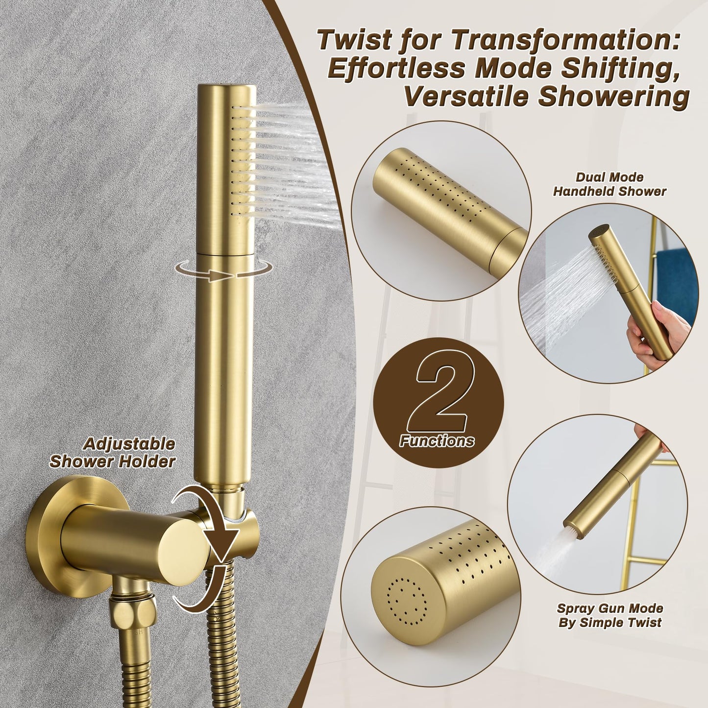 Tomfaucet Shower System with Tub Spout, 3 Functions 10" Round Wall Mounted Rain Shower System, High-Pressure Rain Shower Head with 2 Modes Handheld Spray, Brushed Gold Shower Systems