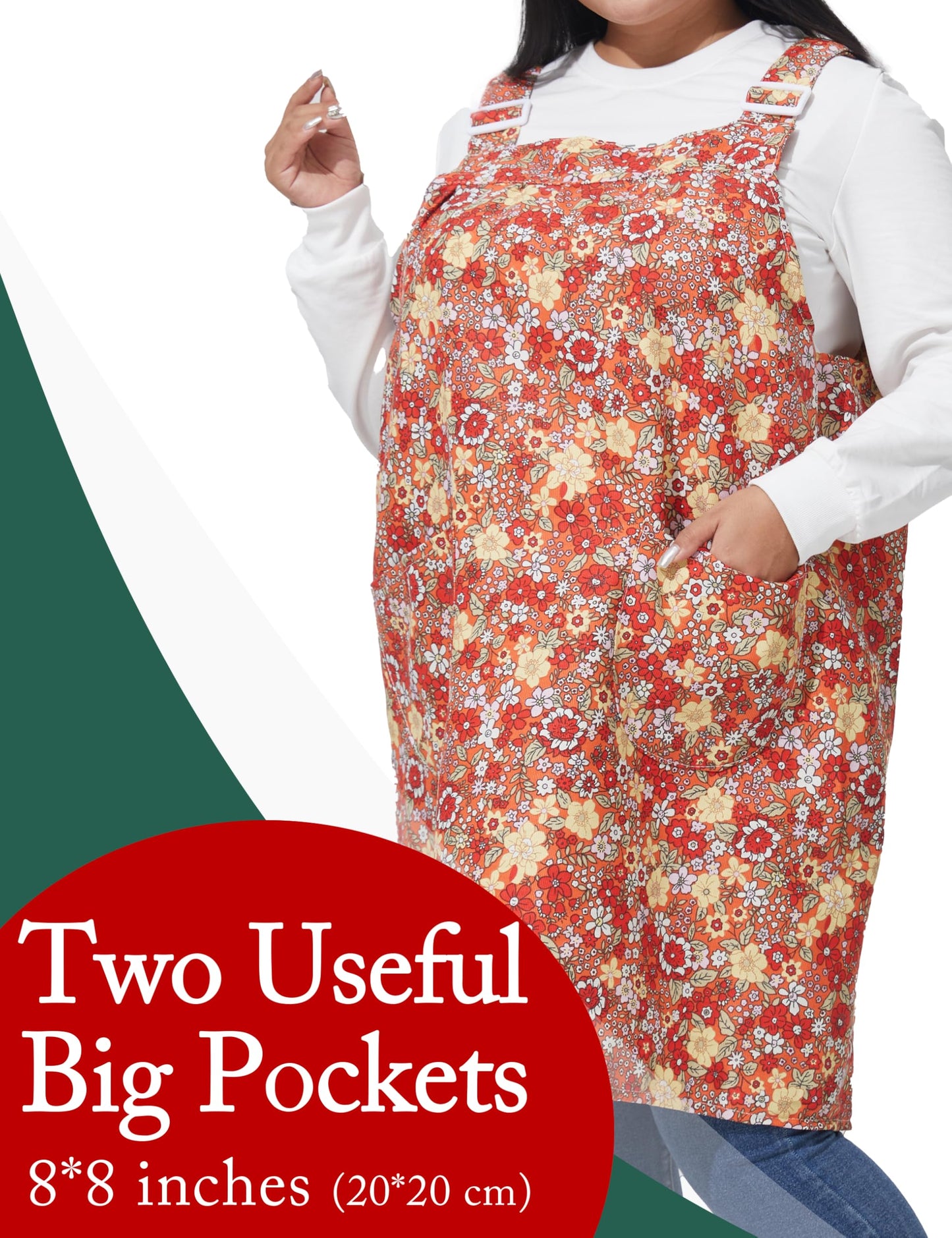 APRONNER No Ties Plus Size Aprons for Women with Pockets Cotton Linen Baking Kitchen Cooking Red Floral