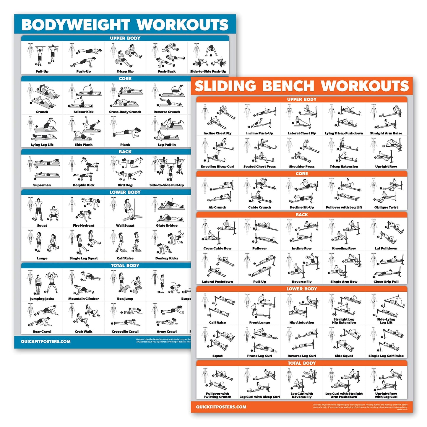 QuickFit 2 Pack - Sliding Bench Workouts & Bodyweight Exercise Poster Set - Compatible with Total Gym & Weider Ultimate Body Works (Laminated, 18" x 24")