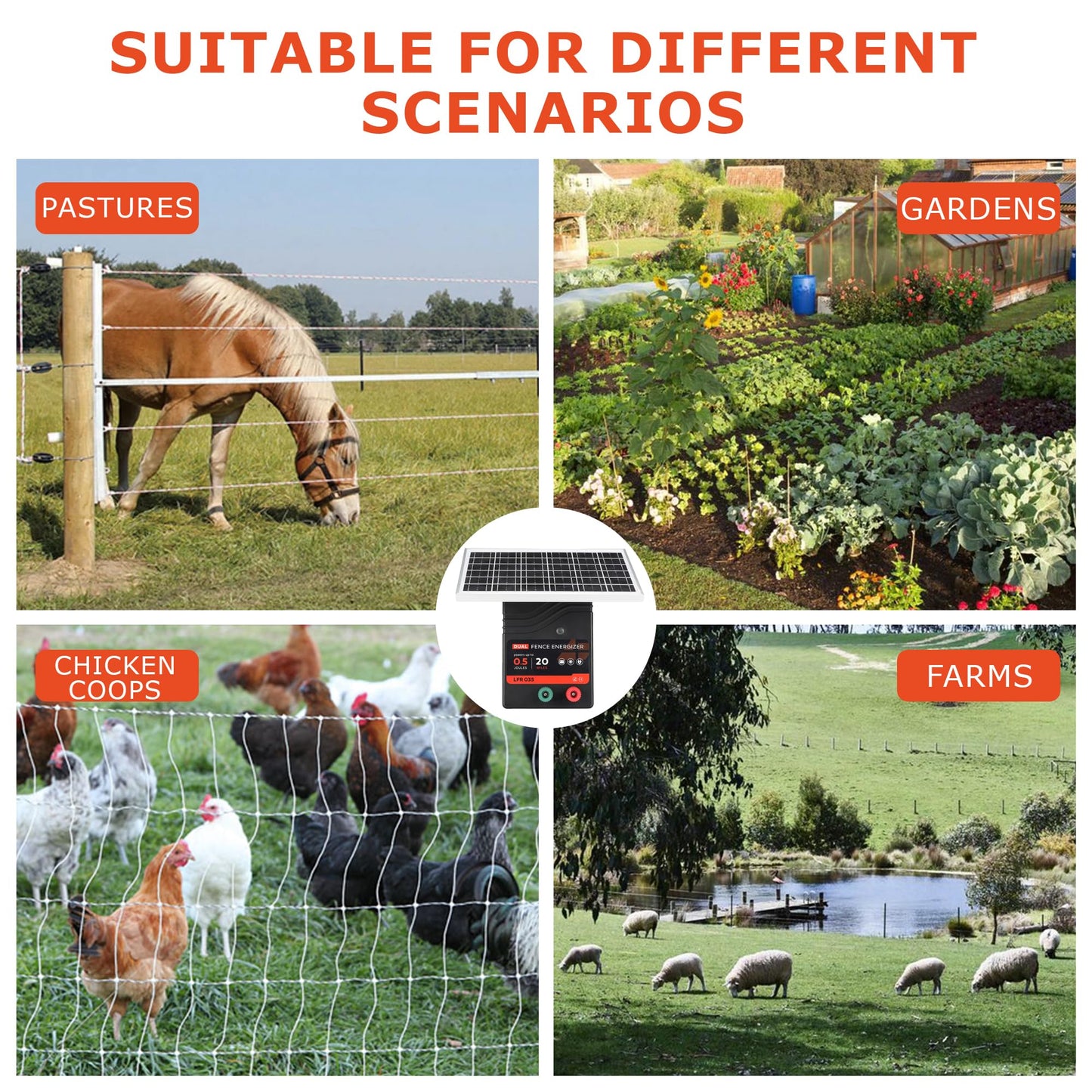 20 Miles Solar Electric Fence Charger, 0.5 Joule Portable Solar Fence Charger, Solar Electric Fence Kit, with 10W Solar Panel