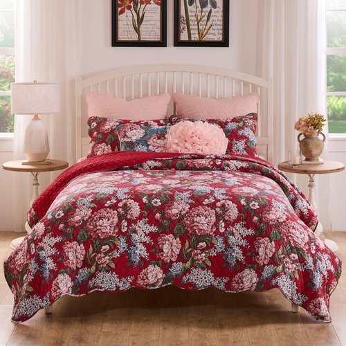 Greenland Home Millie Traditional Floral Cotton-Rich Quilt Set, 3-Piece King/Cal King, Garnet