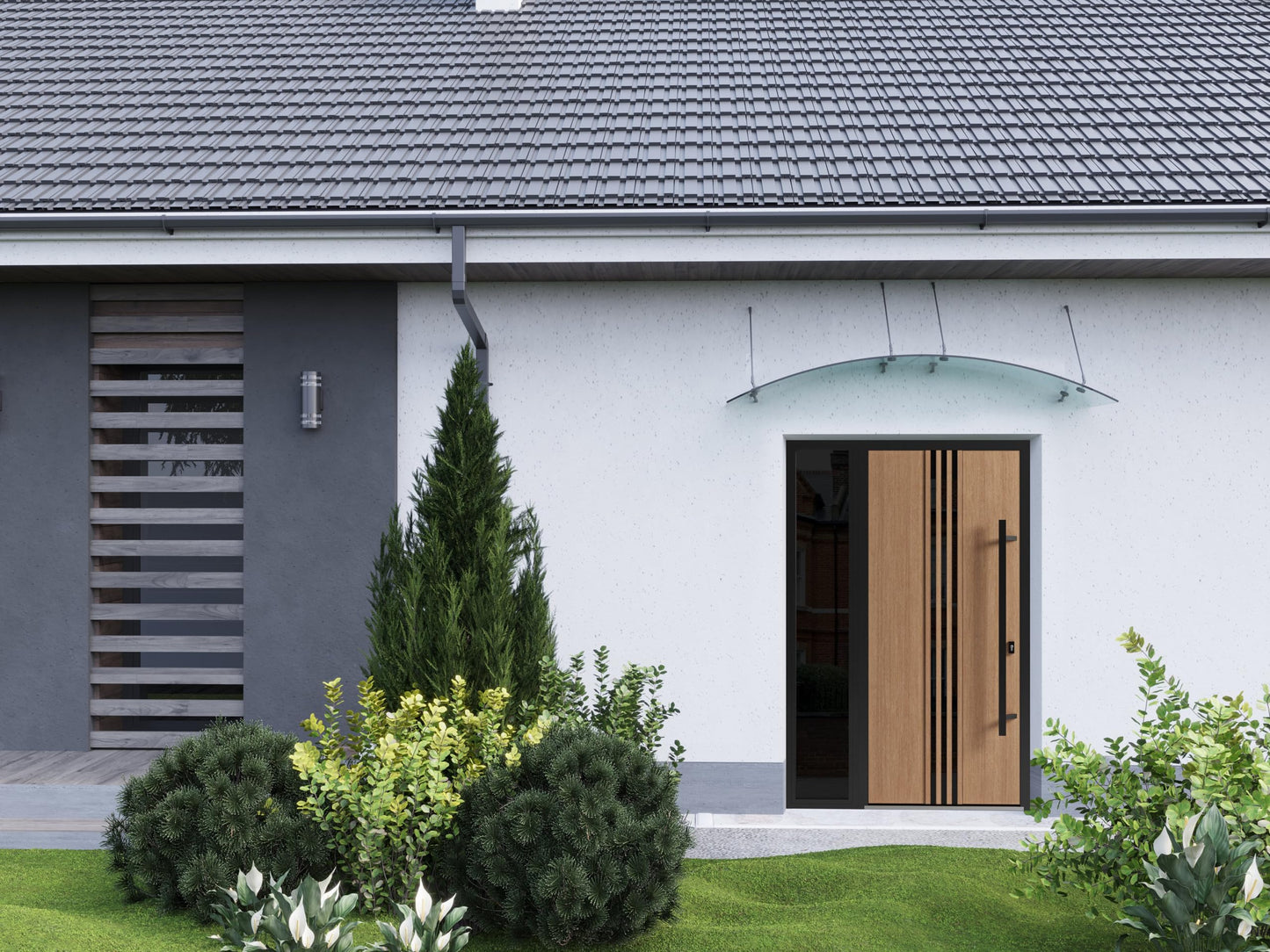 VDOMDOORS Front Exterior Prehung Steel Door/Ronex 1055 Teak/Side Exterior Window Sidelite/Entry Metal Modern Painted W36+16" x H80 Left Hand Inswing
