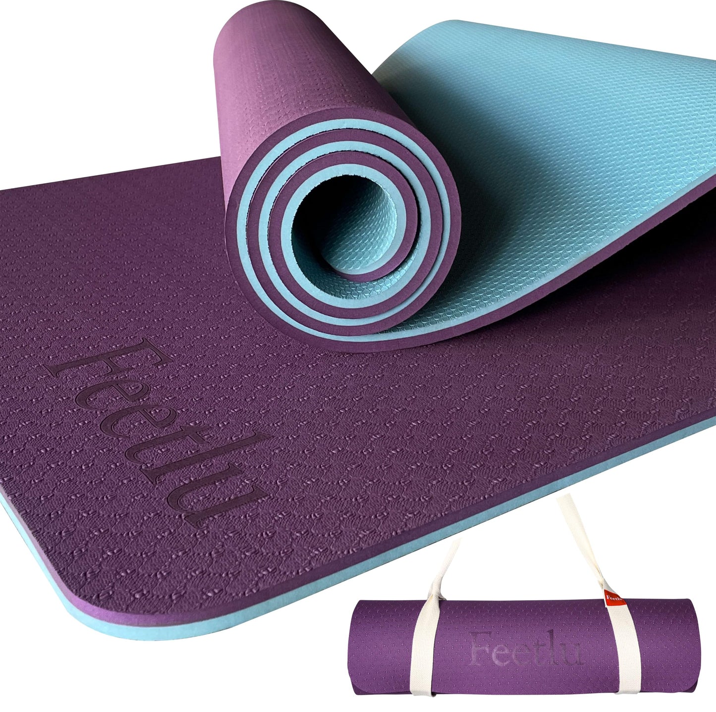 Feetlu Extra Thick Exercise Yoga Mat with Strap - 2/5 Inch (10MM), Non-Slip Workout Mat for Yoga, Pilates, and Floor Exercises(Dark Purple & Blue Gray)