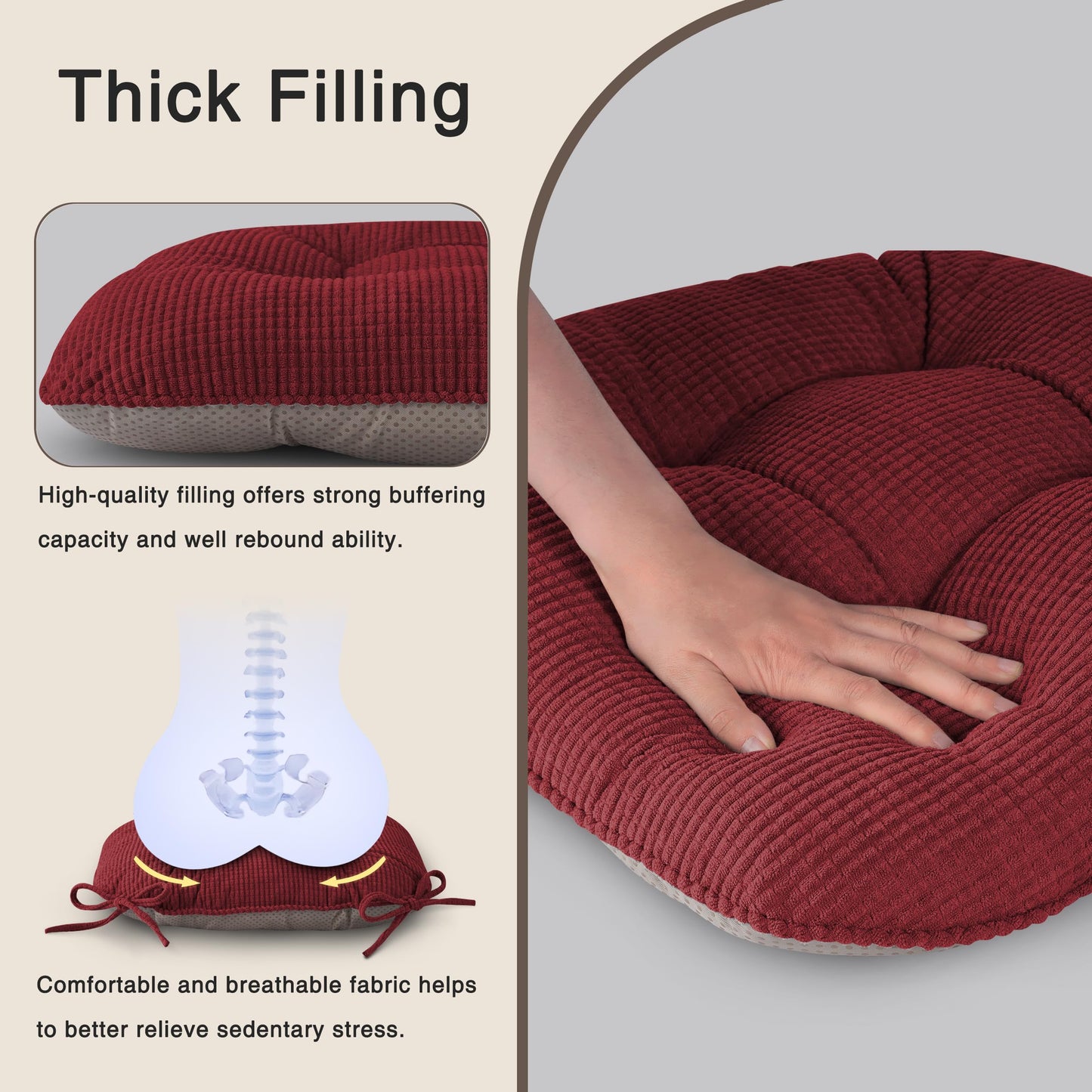 OVOV Chair Cushions for Dining Chairs Set of 4 Non-Slip Kitchen Seat Cushions 18" x 18" x 4" Indoor Seat Pads with Ties Red