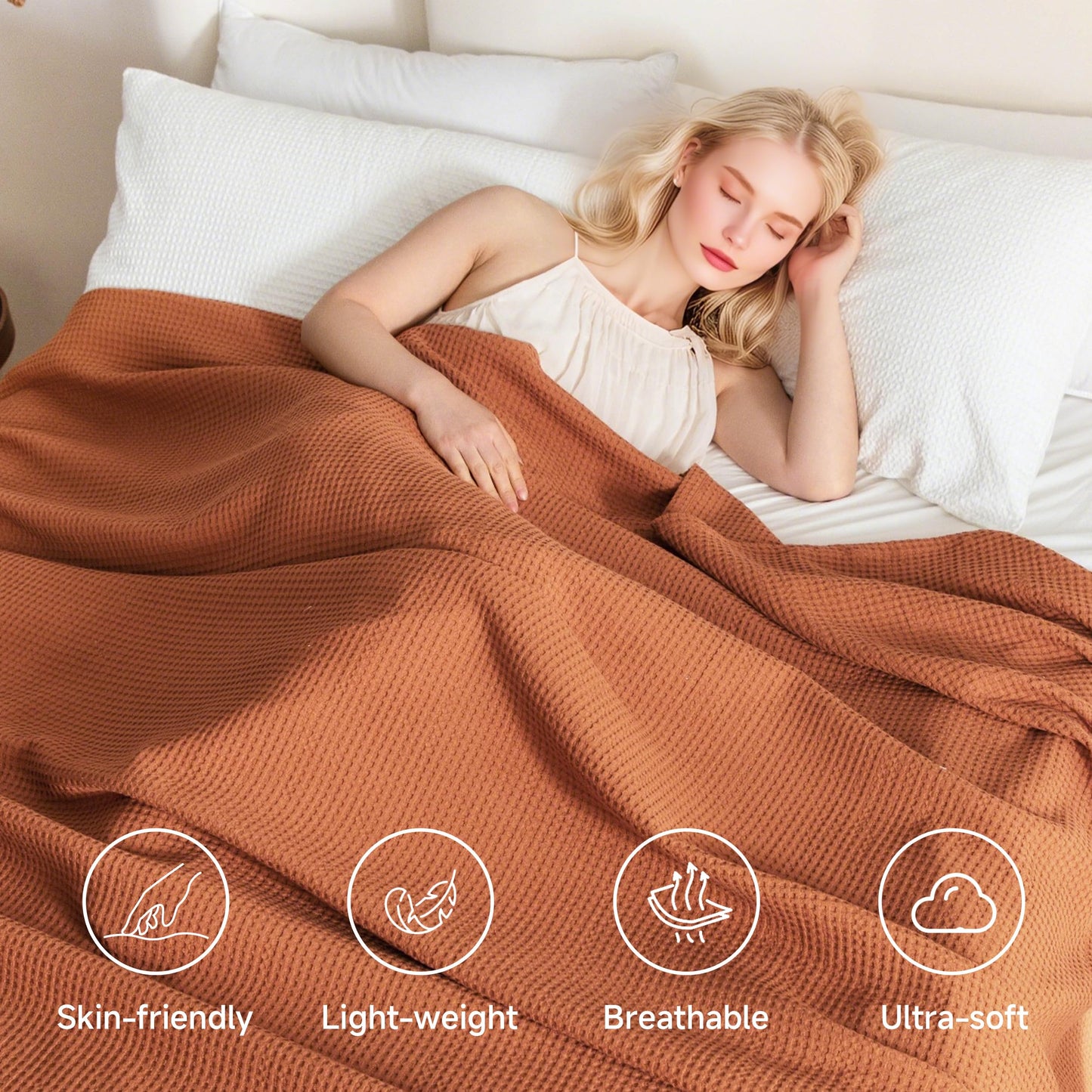 Simple&Opulence 100% Cotton Waffle Weave Throw Blanket 40"x50", Soft Lightweight Breathable Cozy Washed, Layer Blanket for Couch Bed Sofa, Farmhouse Home Decor for Adults All-Season, Rust Orange