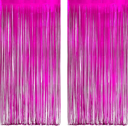 GREATRIL Shiny Fuchsia Tinsel Foil Fringe Curtain - Hot Pink Party Streamers Backdrop - 3.2ft X 8.2ft | 2 Packs