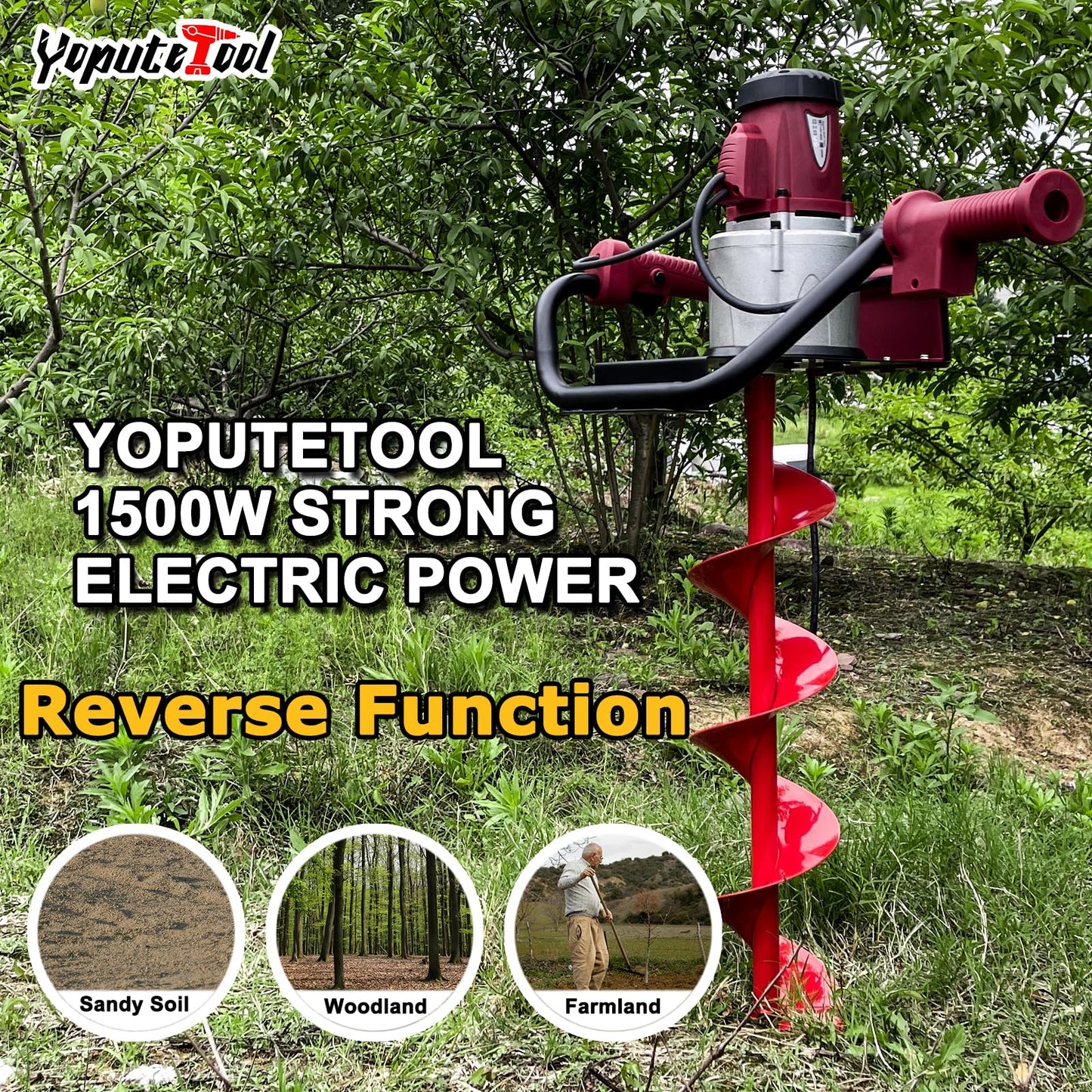 Yoputetool 1500W Electric Post-Hole Digger with 6-Inch Auger Bit, Earth Auger Drill, Auger Bit Earth Auger, Ideal for Post Hole Digging, Drilling, Tree Planting, Red