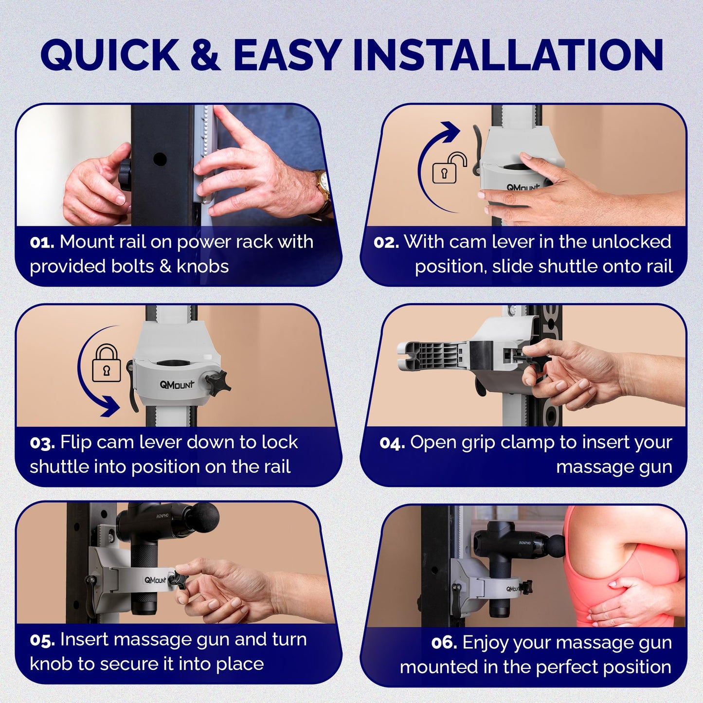 QMount Massage Gun Holder & Rack Mount – Hands-Free for Full Body Muscle Recovery – Fully Adjustable Massage Gun Wall Mount Holder – Heavy Duty, No-Slip, Supports Deep Massaging (Rack Mount)