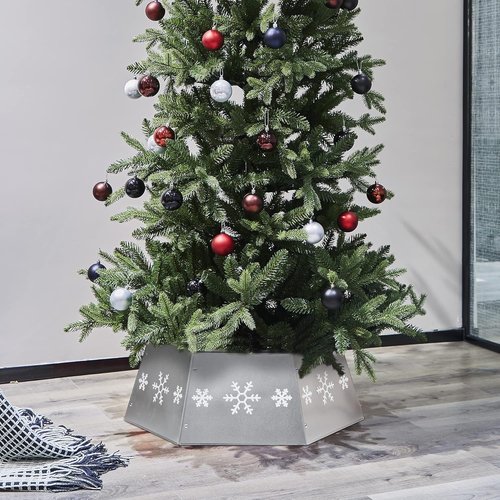 FORUP Metal Christmas Tree Ring - Printed Snowflake Design | Decorative Tree Skirt Base (Silver)
