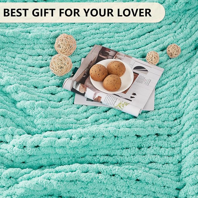 L'AGRATY Chunky Knit Blanket Throw: 60''x80'' Chenille Chunky Knitted Throw Blankets for Bed Couch - Handmade Thick Big Cable Knit Blanket - Large Crochet Rope Blankets for Home Decor(Lake Blue)