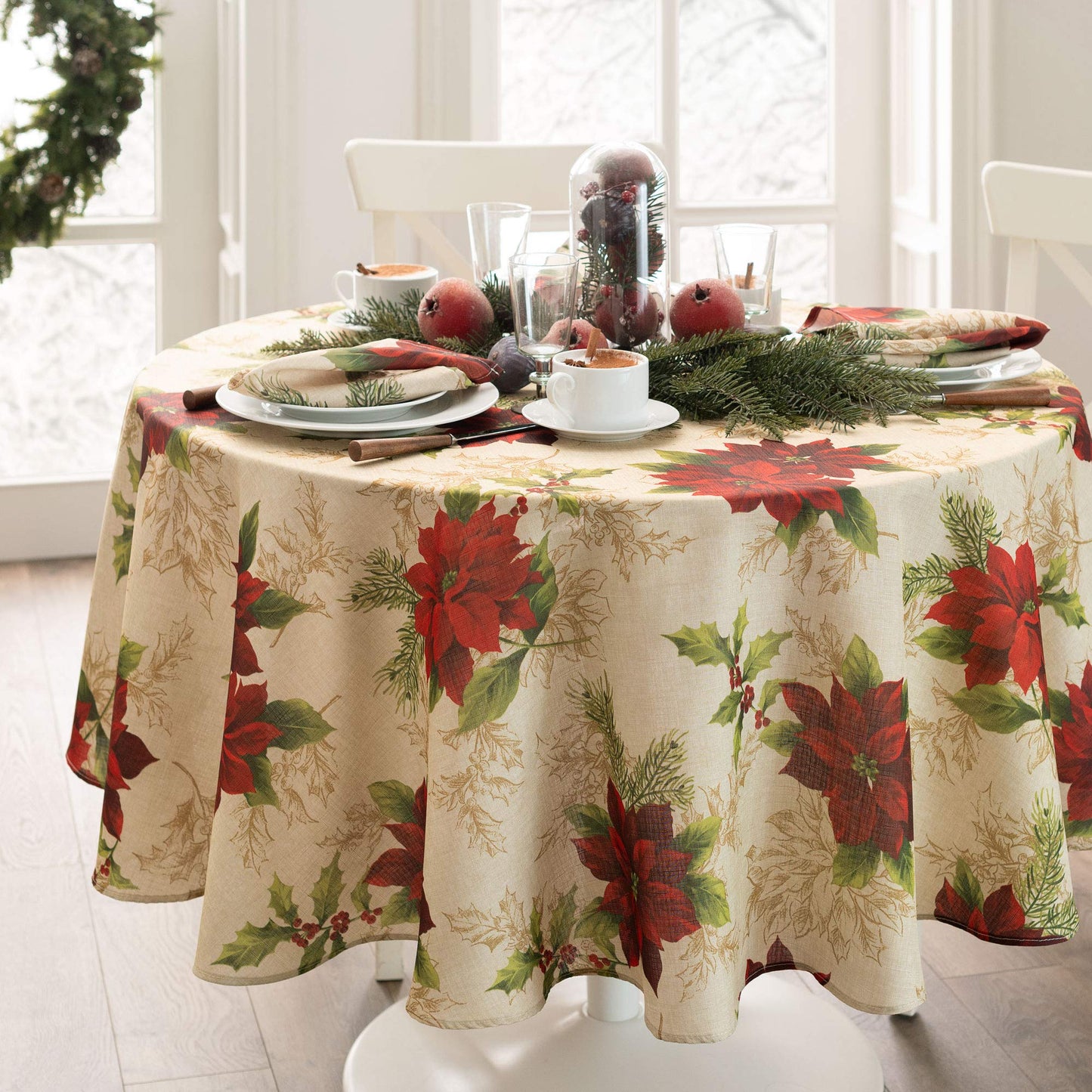 Elrene Home Fashions Festive Poinsettia Holiday Wrinkle Resistant Fabric Tablecloth, Multi, 60"x84" Oval
