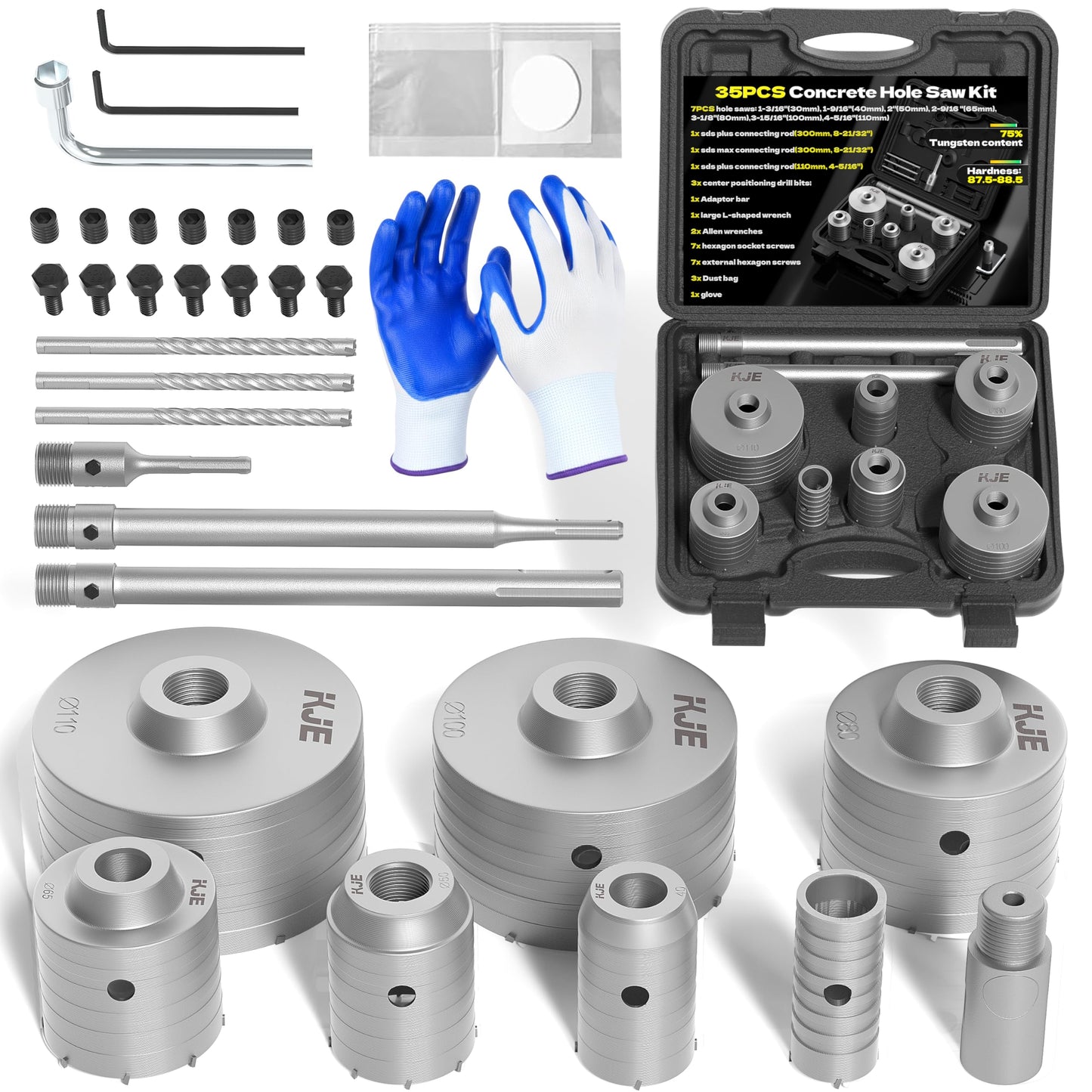 KJE 35PCS Concrete Hole Saw Kit, Size 30/40/50/65/80/100/110mm, Industrial Hole Saw Set, with 3 Drill Bits and SDS Plus & Max Shank, for Concrete, Stone, Brick, Cement, and Wall Drilling