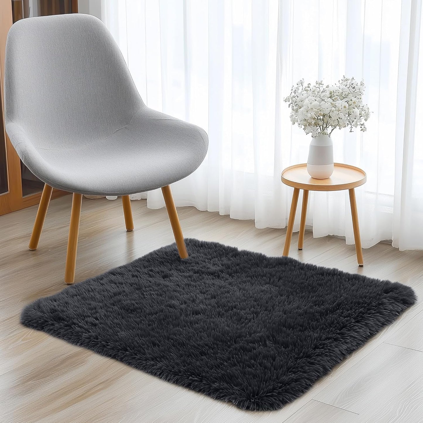 OLANLY Soft Fluffy Shaggy Bedside Rug - Machine Washable 3x3 ft | Ideal for Bedroom & Nursery Decor - Black
