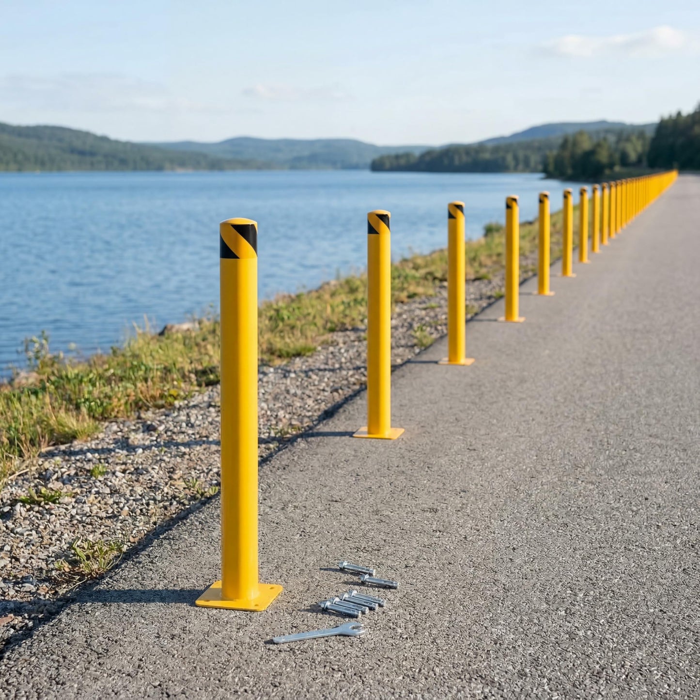 6-Pack 36 Inch Steel Safety Bollards, 4.5 Inch Diameter Parking Bollard Post with 24 Anchor Bolts, Yellow Safety Steel Bollard Post for Driveway Barrier, Traffic Control & Storefront Protection