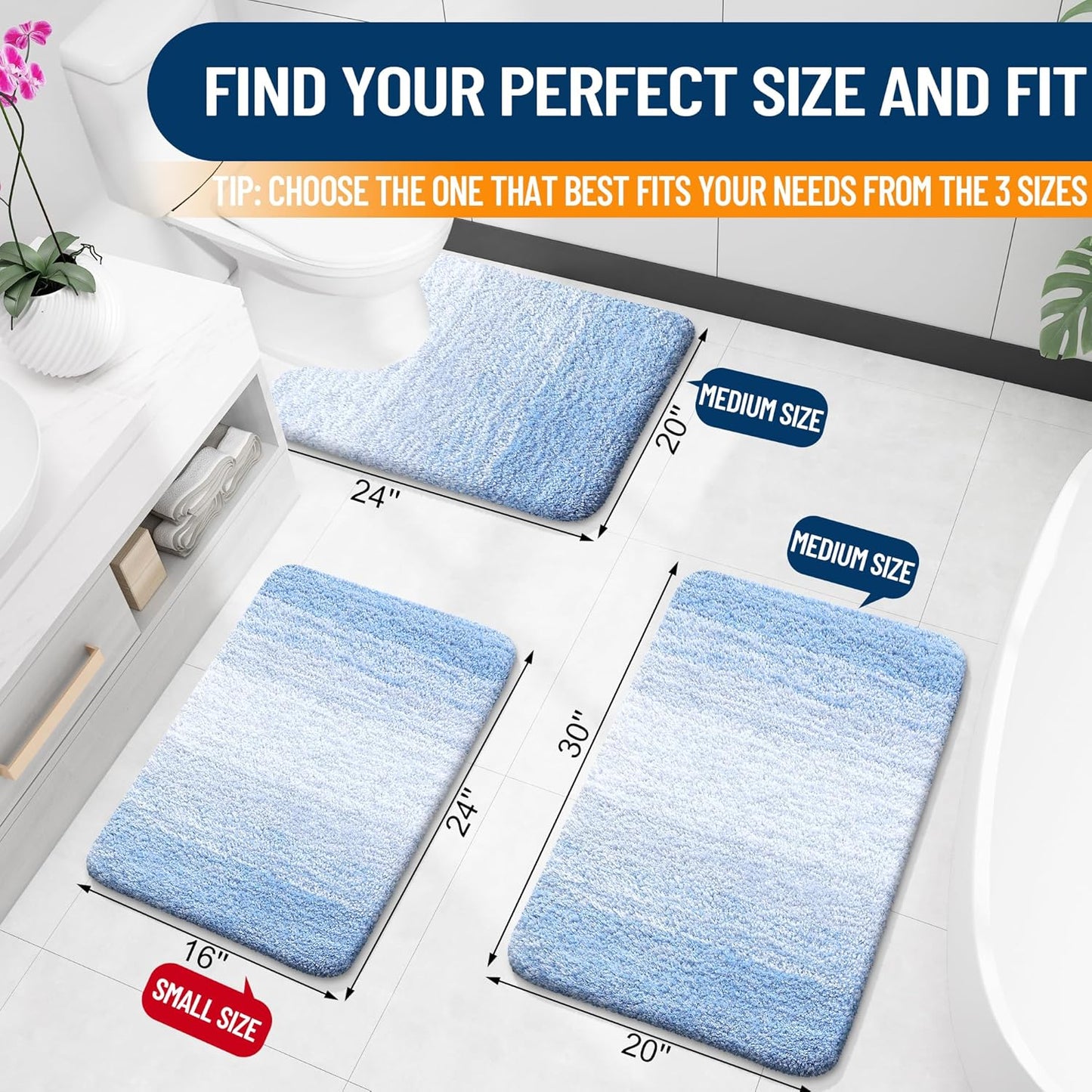 OLANLY Large Bath Rug Mat - Extra Soft Microfiber, Quick-Dry & Washable | 54x24, Light Blue