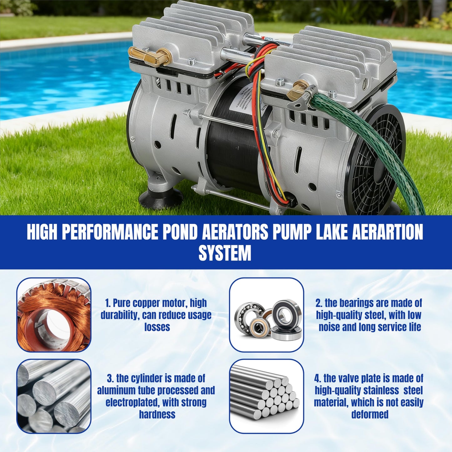 Pond Aerator Pump Lake Aerartion System 5.76 CFM for Up to 3 Acre with 2 Diffusers 3/4 HP Compressor 100' Weighted Tubing for Outdoor Ponds Deep Water Oxygen Circulation