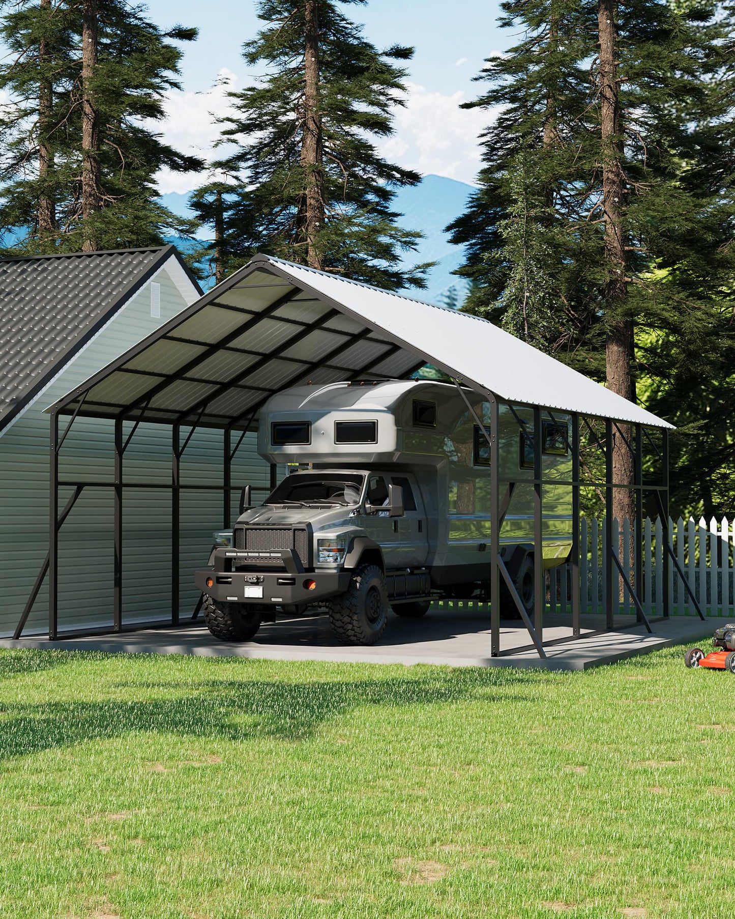 GarveeLife 20x25 ft Vertical Roof Metal Car Port, with 120° Steep-Pitch Roof for Snow Shedding, 173" High-Clearance RV & Tractor Shelter, Heavy-Duty 2 Cars Car Port with Reinforced Frame