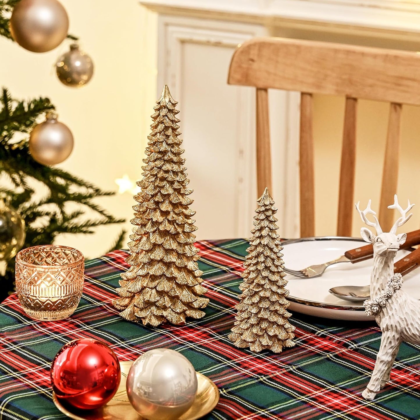 AOMOONOA Gold Christmas Tree Figurines - 2Pcs Resin Glitter Tabletop Decor | Small Xmas Trees Set