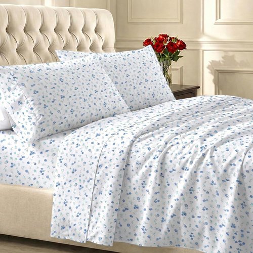 California Design Den King Size Cotton Sheet Set - 100% Soft, 400 TC, Deep Pockets, Floral White/Blue