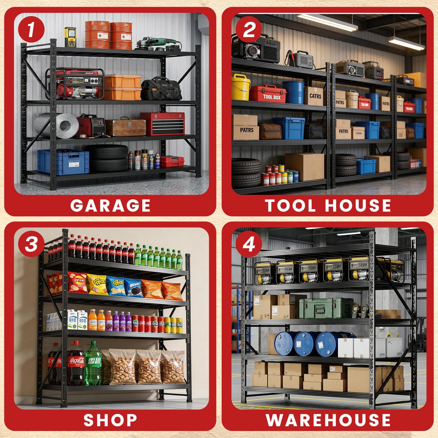 71”W Garage Shelving Units,5000LBS Storage Shelves,Garage Shelving Heavy Duty Metal Adjustable Shelves,Metal Shelving Rack,4Tier Large Tall Industrial Shelving for Shopping,Office (71" W*24" D*70" H)