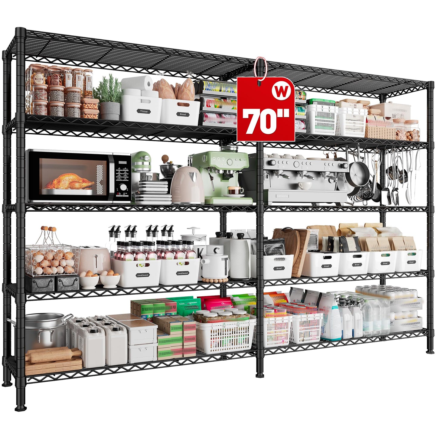 REIBII 70" W Storage Shelves 1600LBS,Widen Garage Shelving Heavy Duty Metal Shelving 5-Tier Wire Shelving, L-Shaped Wire Shelving Adjustable Metal Shelves for Pantry Kitchen Garage, 15.8" D*72.4" H