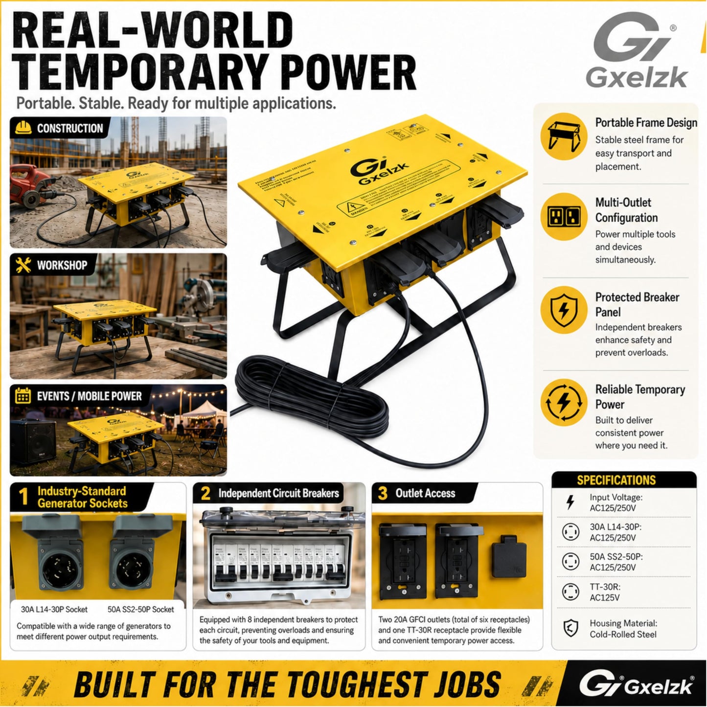 Power Distribution Box Temporary Distribution Box, It has Both 50A and 30A inlets, six 120V CFGI duplexes,Safe and Reliable Power on Any Construction site (50A-Temporary Distribution Box)