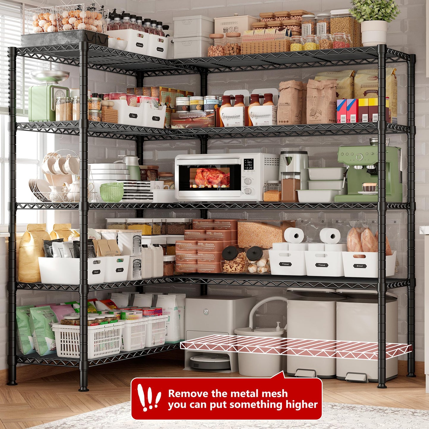 REIBII 70" W Storage Shelves 1600LBS,Widen Garage Shelving Heavy Duty Metal Shelving 5-Tier Wire Shelving, L-Shaped Wire Shelving Adjustable Metal Shelves for Pantry Kitchen Garage, 15.8" D*72.4" H