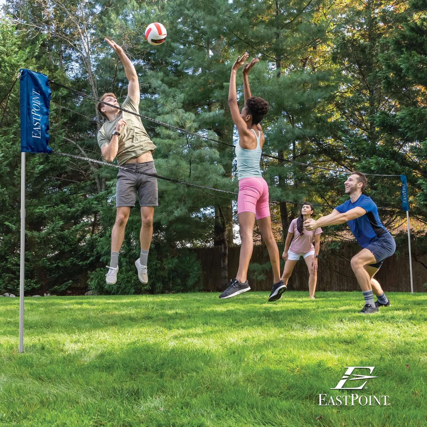 EastPoint Adjustable Volleyball Net - 10-30 ft - Easy One-Person Setup Portable Court Kit - Competition-Grade Volleyball Training Equipment - Outdoor Play Net for Backyard & Beach Play