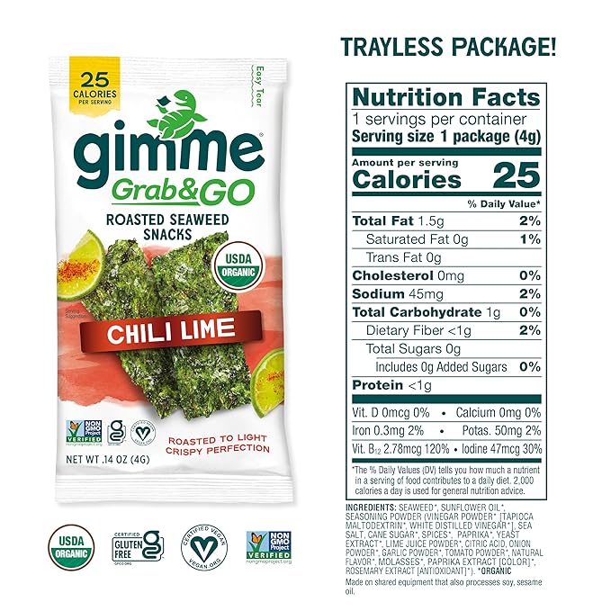 Gimme Seaweed Grab & Go Organic Premium Roasted Seaweed Snacks, Chili Lime, 5 Count Trayless, Keto, Vegan, Gluten-Free, Source of Omega3s, Healthy On-The-Go Snack for Kids & Adults