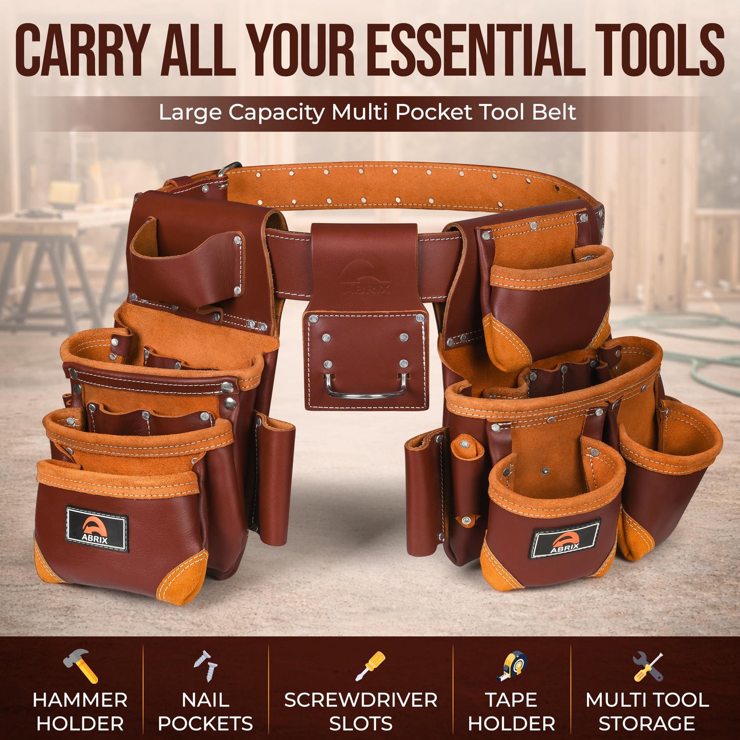ABRIX Heavy Duty Tool Belt for Men – 4MM Thick Genuine Leather, Brass Buckle & Rivets | Foam Padded Comfort | 28-Pocket Carpenter & Framing Rig | Fits Waist 32 to 52 Inches | Professional Work Belt