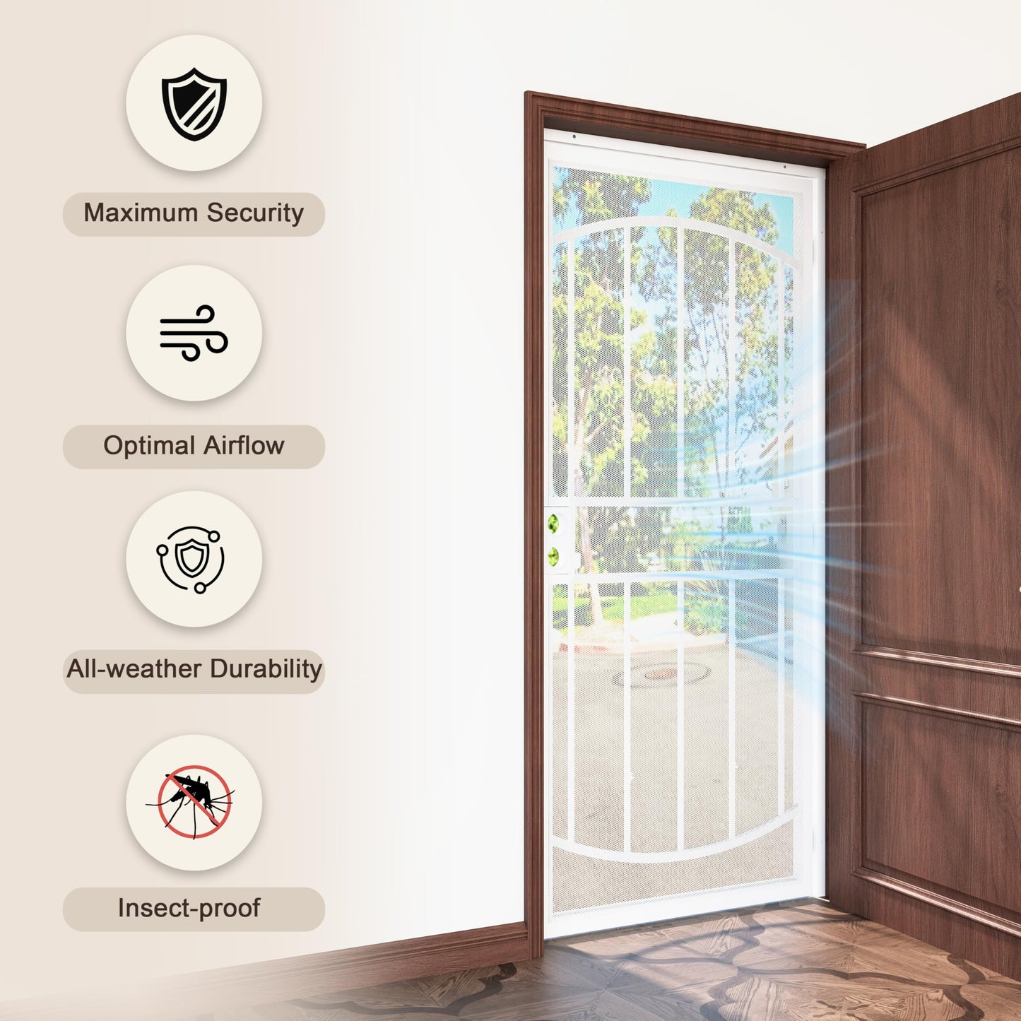 JUBEST 36" x 80" Steel Security Door, Universal/Reversible Outswing Security Screen Door, White Powder-Coated Surface Mount Frame with Expanded Metal Screen, Rust-Resistant, No Handles Included