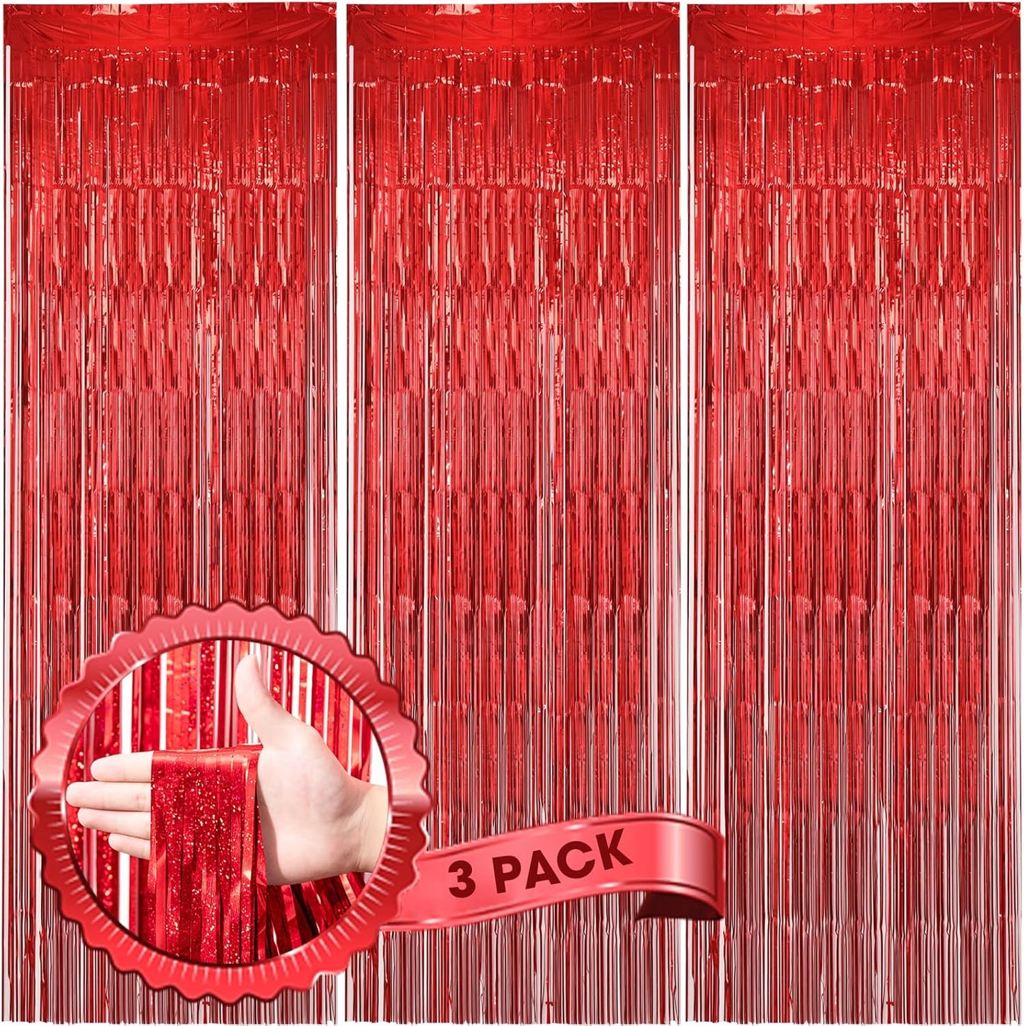 Voircoloria Laser Red Foil Fringe Backdrop Curtains - 3 Pack, 3.3 x 8.2 ft | Perfect for Parties & Celebrations