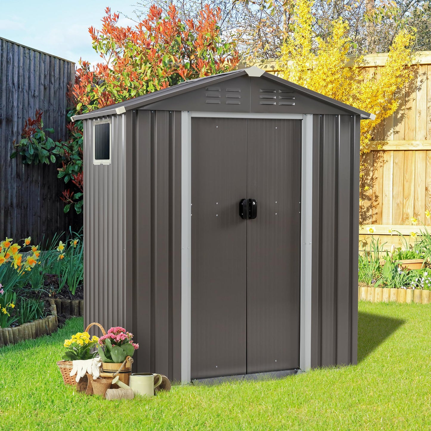 Vongrasig 5 x 3 x 6 FT Outdoor Storage Shed, Metal Tool Shed Clearance Garden Steel Shed with Side Window and Lockable Door Waterproof Tool Shed for Backyard Patio, Lawn (Gray)